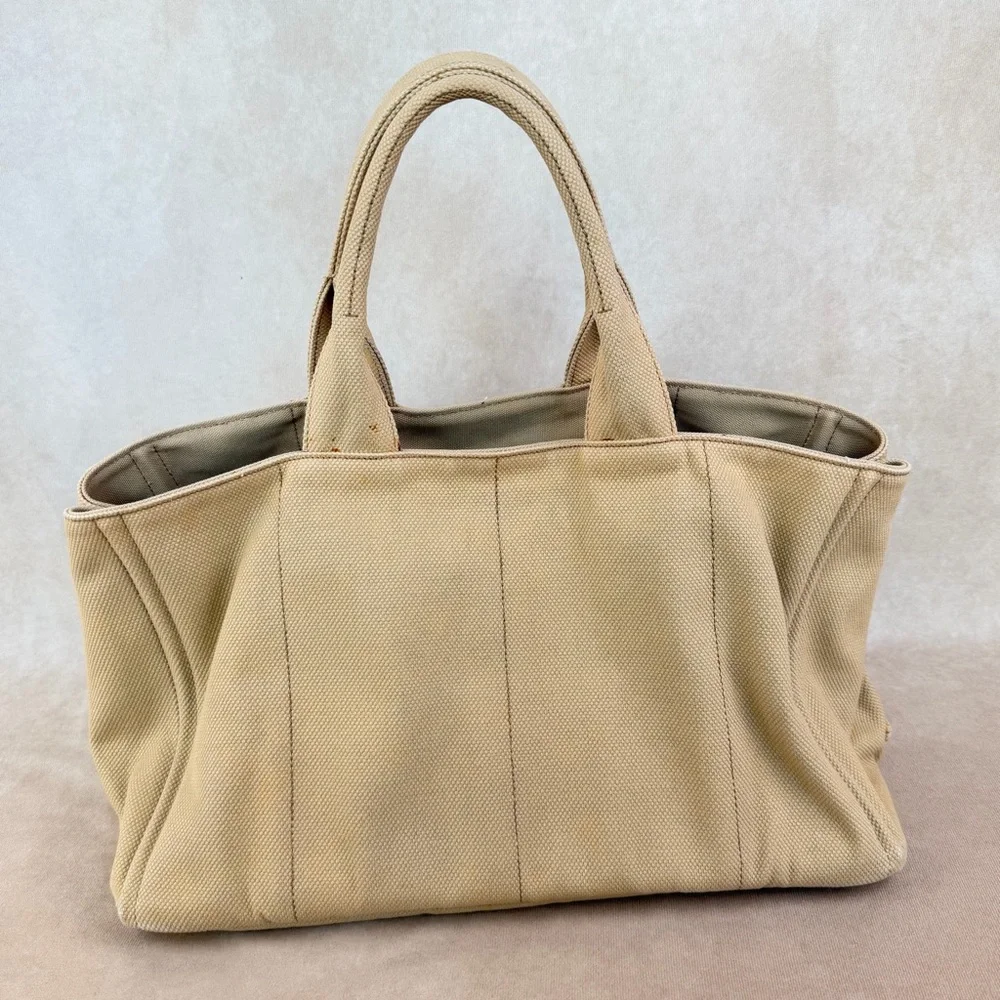Prada Canapa Large Beige Canvas Tote Bag Gold Hardware